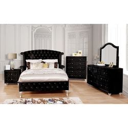 Brand New Black Velvet 4pc Queen Bedroom Set (Available In California & Eastern King)