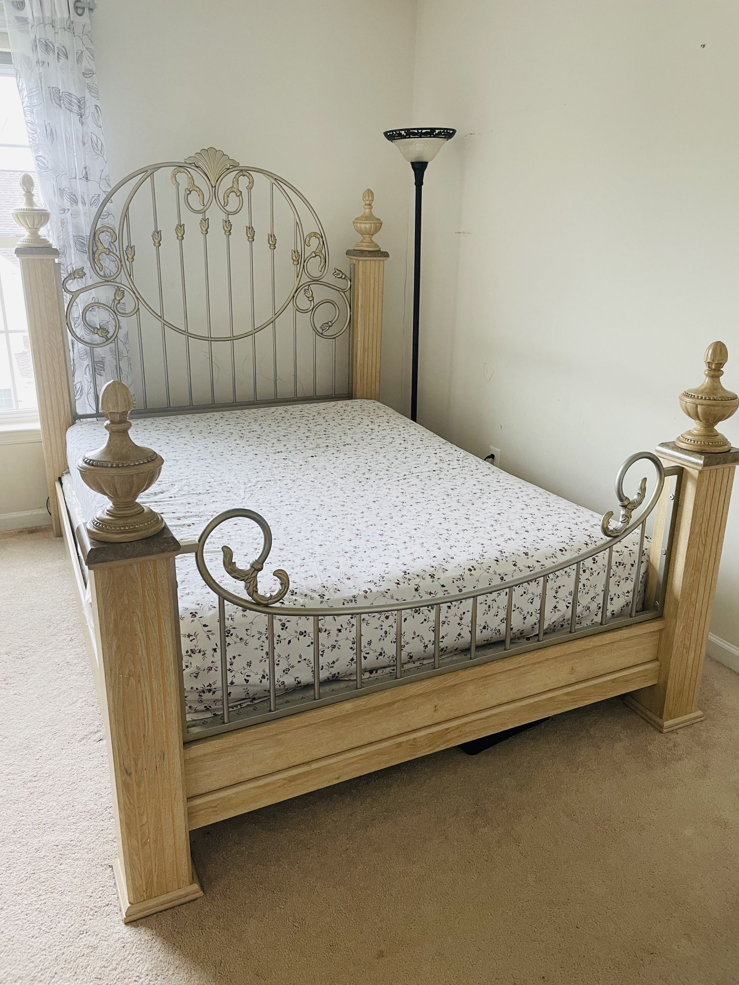 Queen Size Beige Bed Frame with Nightstand and Dresser with Mirror