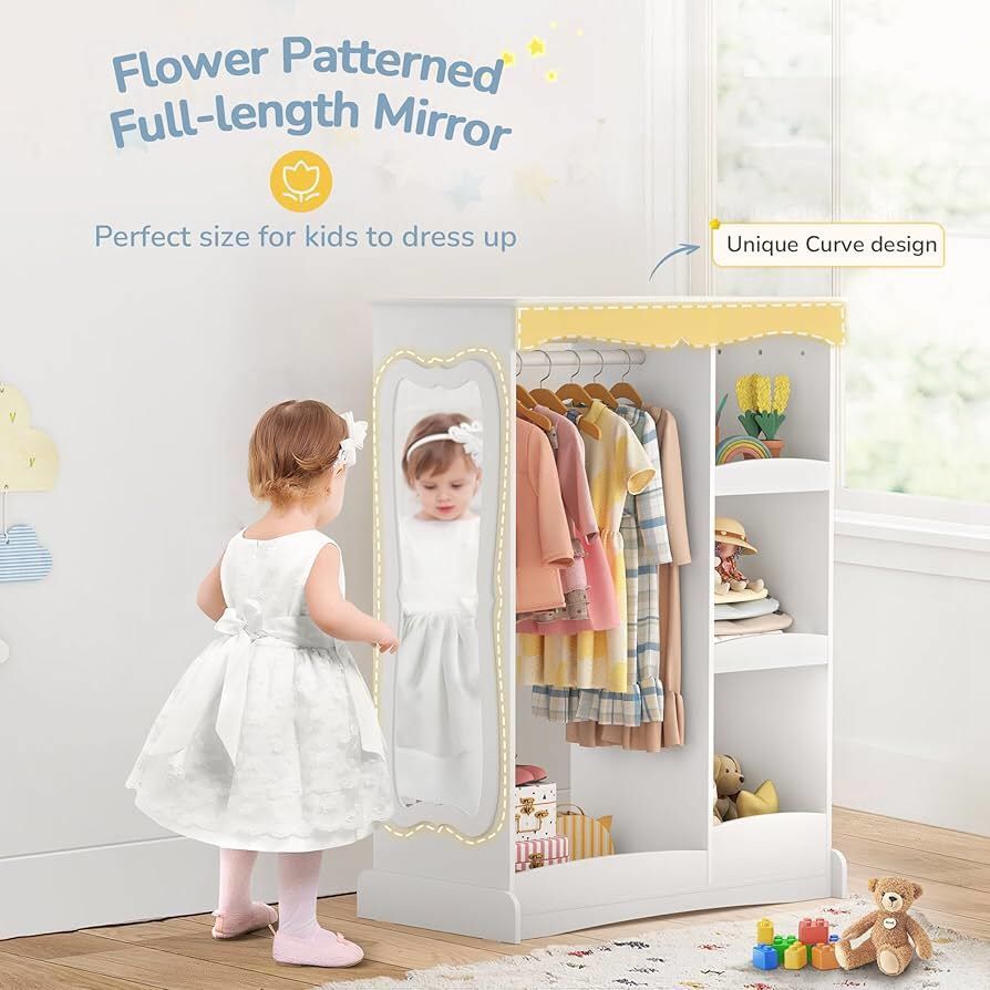 Kids Dress Up Storage with Flower Mirror, Open Hanging Closet Wardrobe for Children, Kids Armoire & Costume Organizer for Bedroom Playroom Preschools
