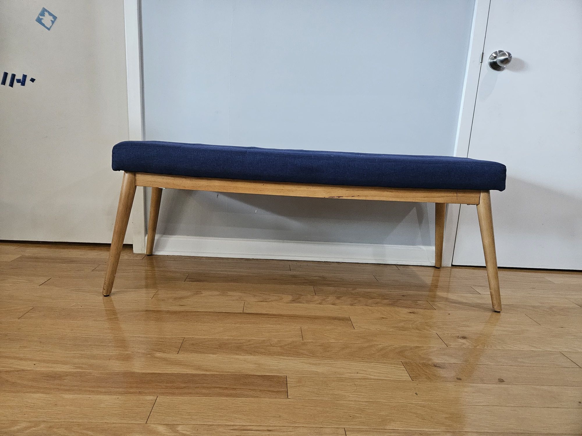 Mid Century Bench - Wooden Bench With Blue Cushion