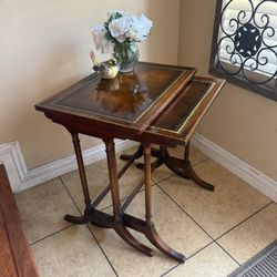Vintage Wooden Leather Top Nesting Tables Set of Two 