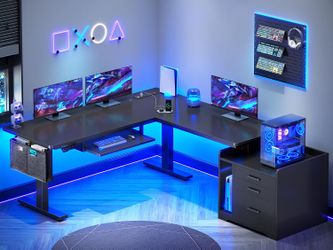 L-Shaped Standing Desk with File Cabinet, 3 Drawers, Power Outlet