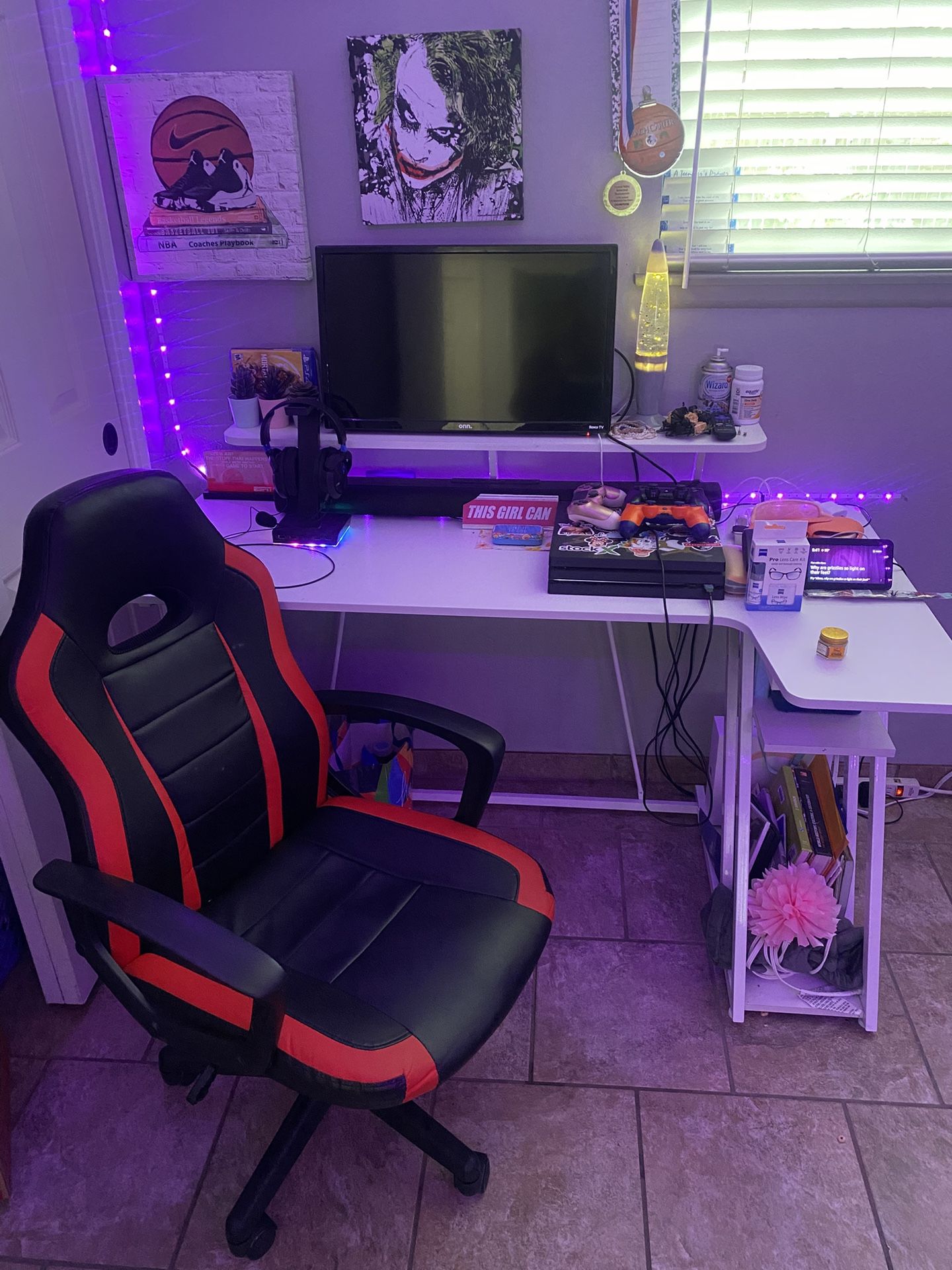 PS4, Onn 24 inch Tv, Gaming Desk, & Gaming Chair