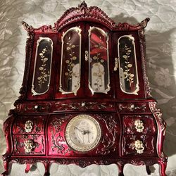 Vintage Style Jewelry Box with Clock & Drawers – Red/Gold