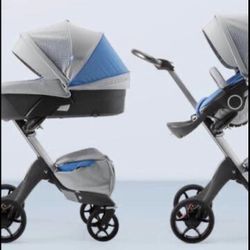 Stokke Xplory Stroller System In Blue & Gray Color Including Bassinet: Nuna Car Seat & More