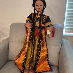 Asian Porcelain Doll With Box And Stand