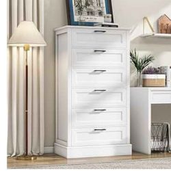  Drawer Dresser 6, 55 Inch White Dresser for Bedroom, Modern Farmhouse Style Chest of Drawers for Bedroom Living Room, Wood Rustic Tall Clothing O