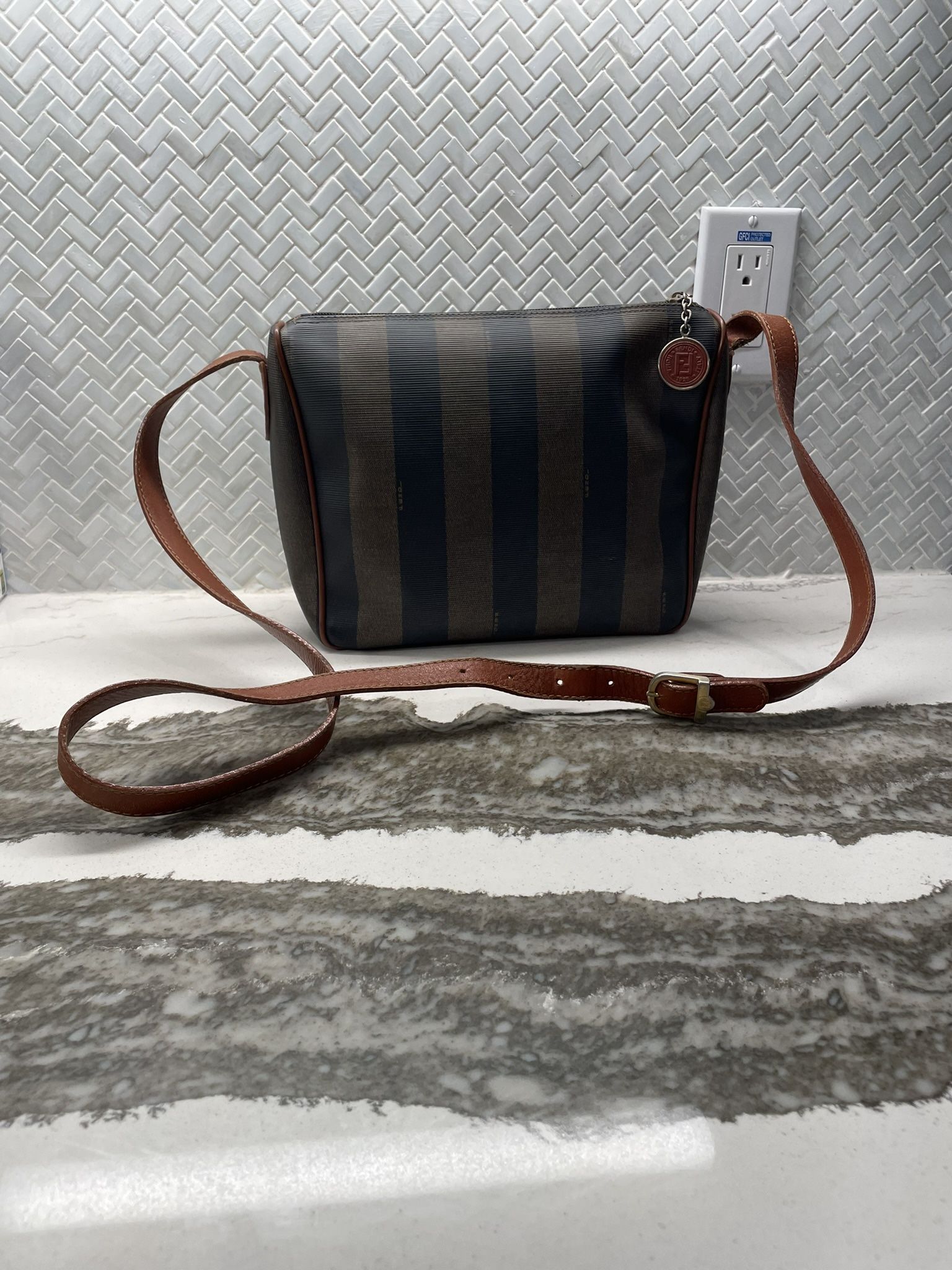 Vintage Fendi Pequin Striped Coated Canvas Crossbody Bag Women’s Brown and black