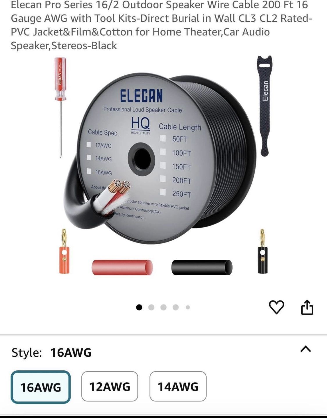 Elecan Pro Series 16/2 Outdoor Speaker Wire Cable 200 Ft 16