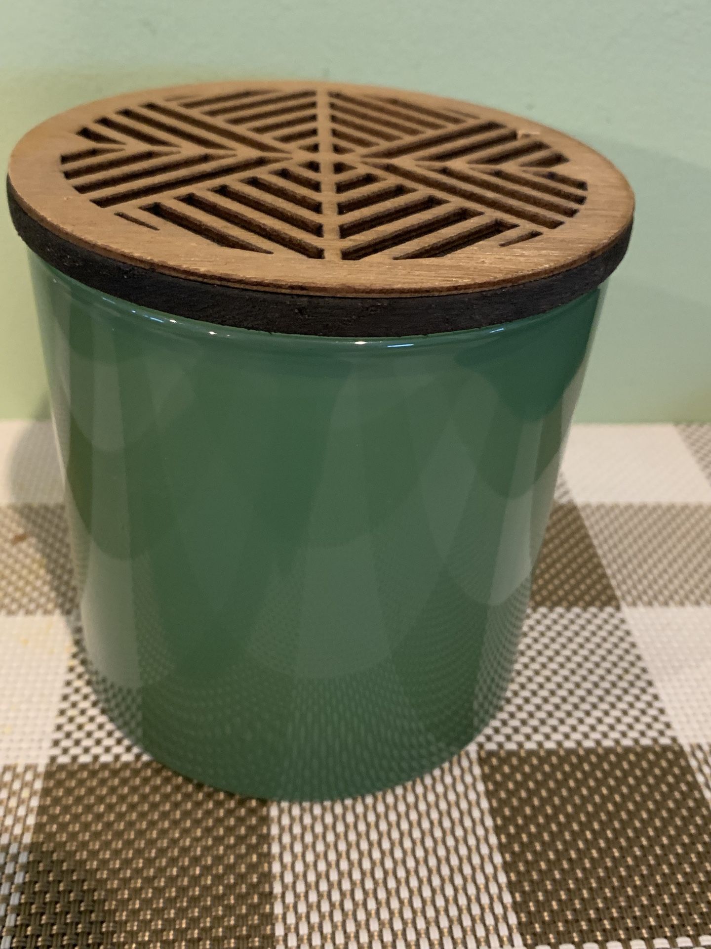 New 4 Inch Thick Green Glass W/ Carved Wood Lid Design Storage Container, Has Rubber Gasket On The Lid