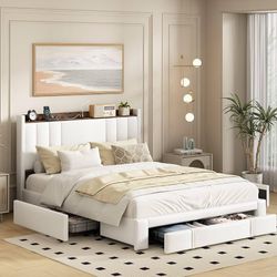 Queen Size Faux leather Duvet Cover Sets, Bed Frame with USB Full Size Storage Headboard with 4 Drawers