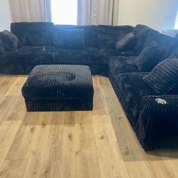 Black Corduroy Sectional With Ottoman