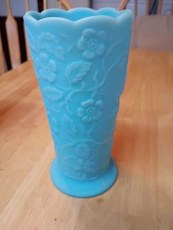 Blue Milk Glass Vase with Embossed Floral Design