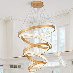 5-Ring LED Gold Modern High Ceiling Chandeliers, 118", Dimmable LED Light Fixture with Romote, for 2-Story Foyer, Double-Height Living Room, Staircase