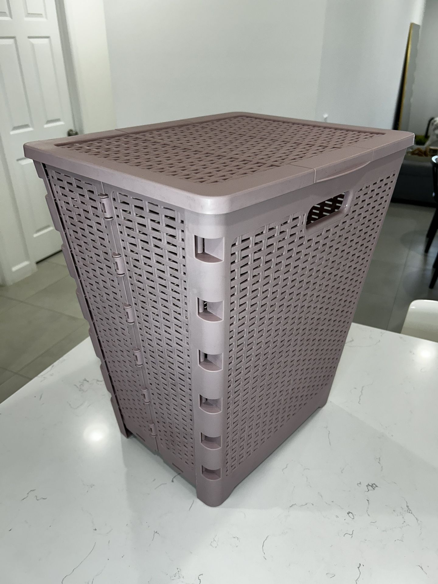Pink 61L Ventilated Foldable Laundry Hamper Handles Hinged Lid