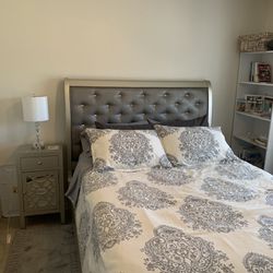 Modern Queen Bed, Nightstand & Lamp