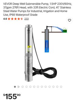 VEVOR Deep Well Submersible Pump, 1.5HP 230V/60Hz, 37gpm 276ft Head, with 33ft Electric Cord, 4\" Stainless Steel Water Pumps for Industrial, Irrigati