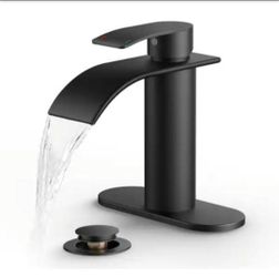 androme Waterfall Single Hole Single Handle Bathroom Vanity Faucet with Deckplate Pop Up Drain Included in Matte Black