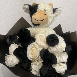 Forever Flowers Artificial Bouquet (24 Black / White Medium Roses & Cow Stuffed Animal)