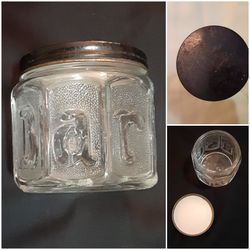 Antique "Barbasol" glass imprinted shaving cream jar. Clean. Approx 3" tall.