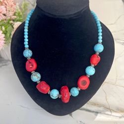 Bohemian Vintage Red Coral & Turquoise Beaded Necklace - Statement Jewelry