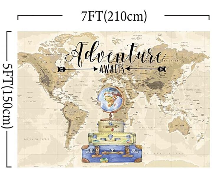 Adventure Awaits Travel Boy Baby Shower Party Decorations Backdrop Vintage World Map Around World Airplane Photography Background Photo Banner for Po