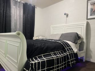 LED White wooden Queen Headboard and frame.
