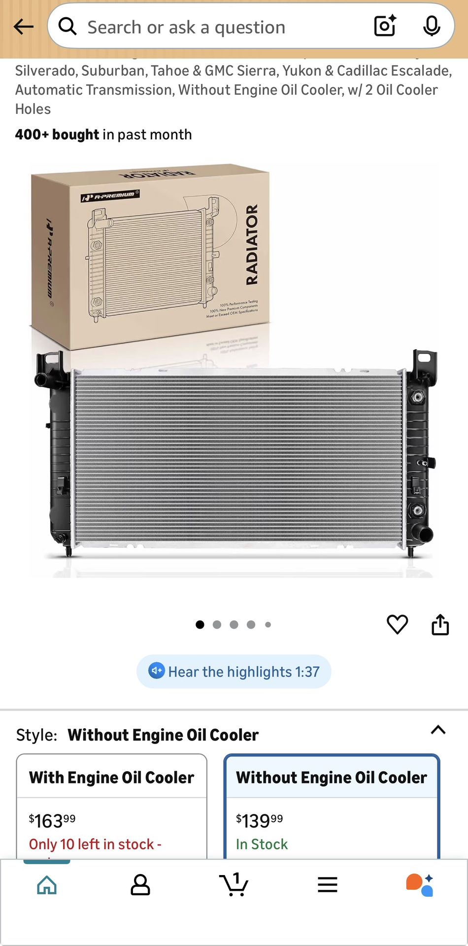 A-Premium 34" Engine Coolant Radiator Compatible with Chevy Silverado, Suburban, Tahoe & GMC Sierra, Yukon & Cadillac Escalade, Automatic Transmission