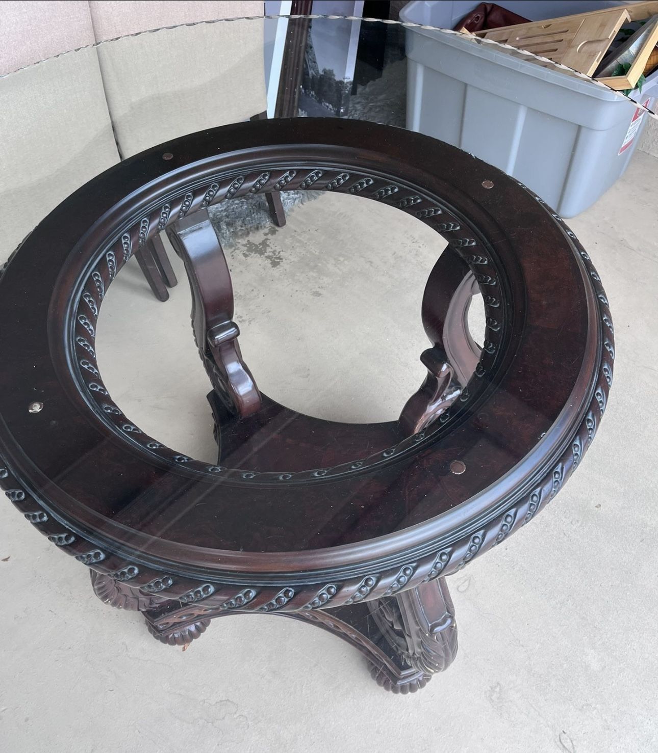 Dark Wood Round Table W/50 Inch Glass