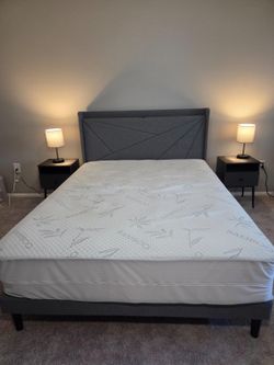 Upholstered Bed Frame in Queen Size with Type-C & USB Ports in Light Gray with Queen Size Mattress