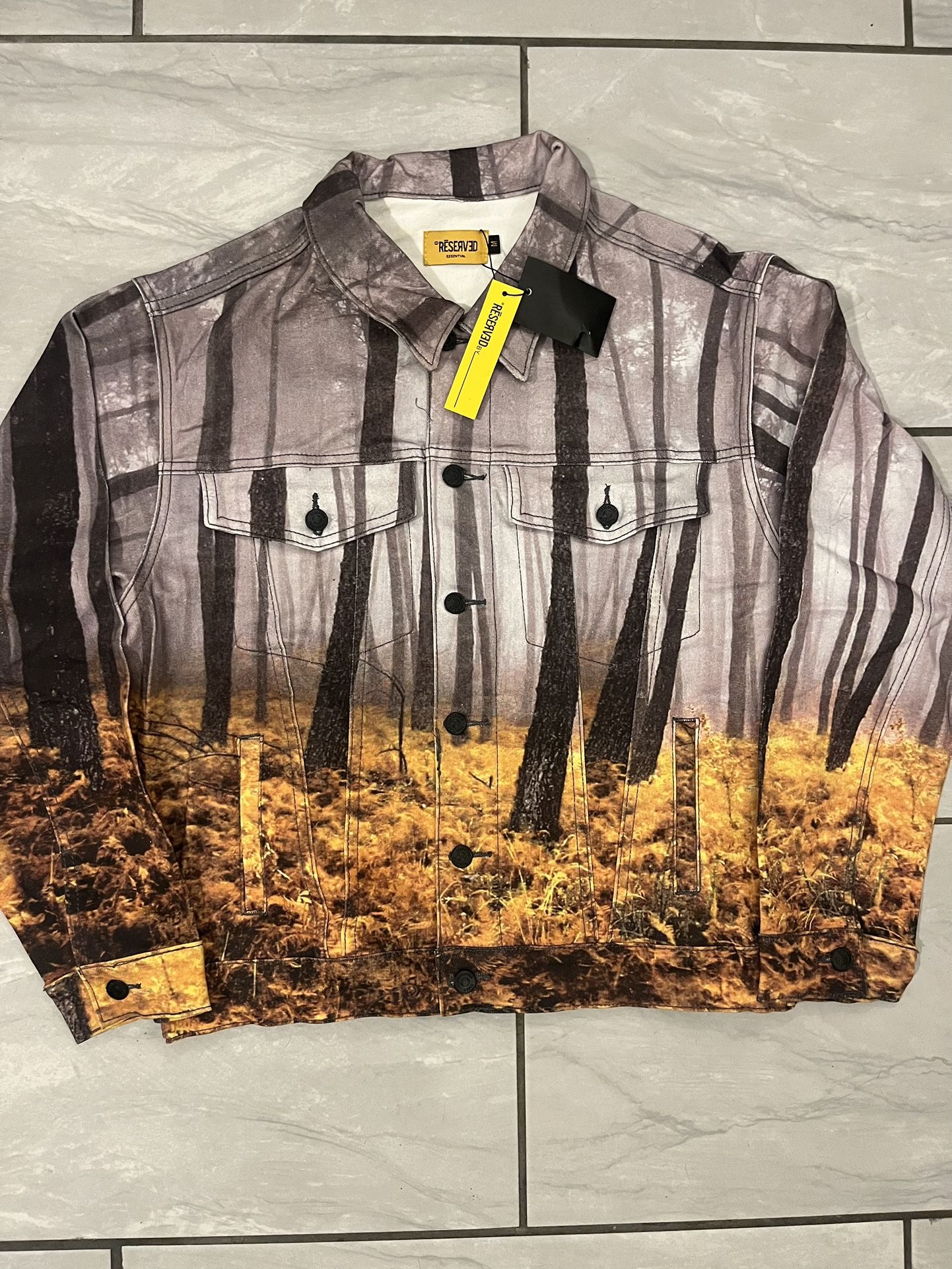 Reserved Essential Camouflage Forest Denim Jacket Grey Yellow Size Medium