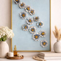 3D Hand-Painted Blue & White Floral Wall Art – Modern Textured Pinrecone Flower Frame