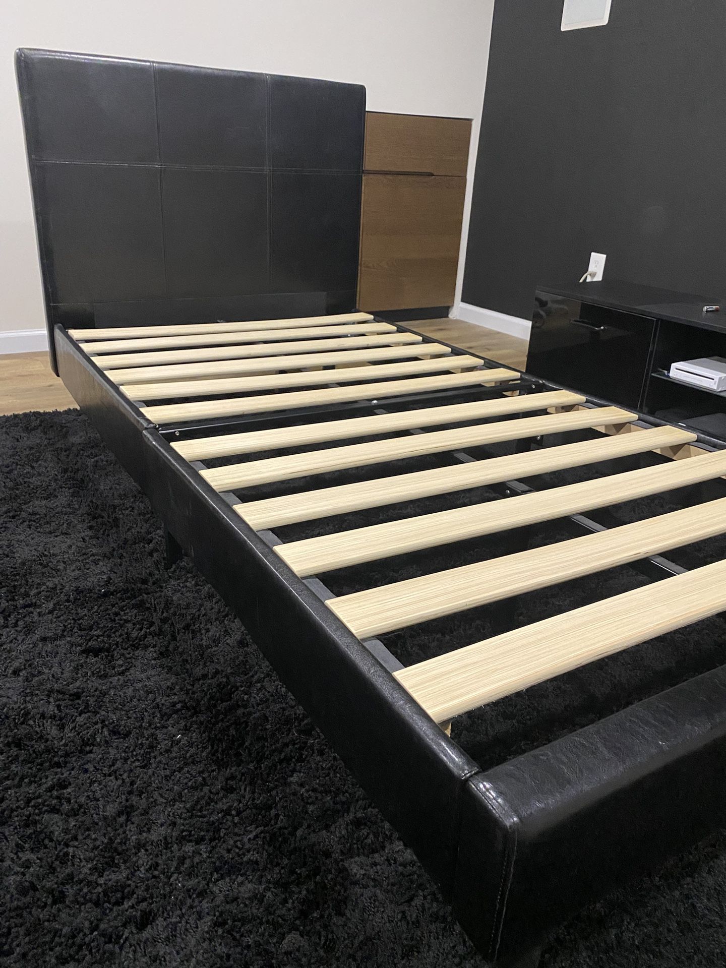 Faux Leather Upholstered Platform Bed Frame With Wooden Slats, Twin, Black