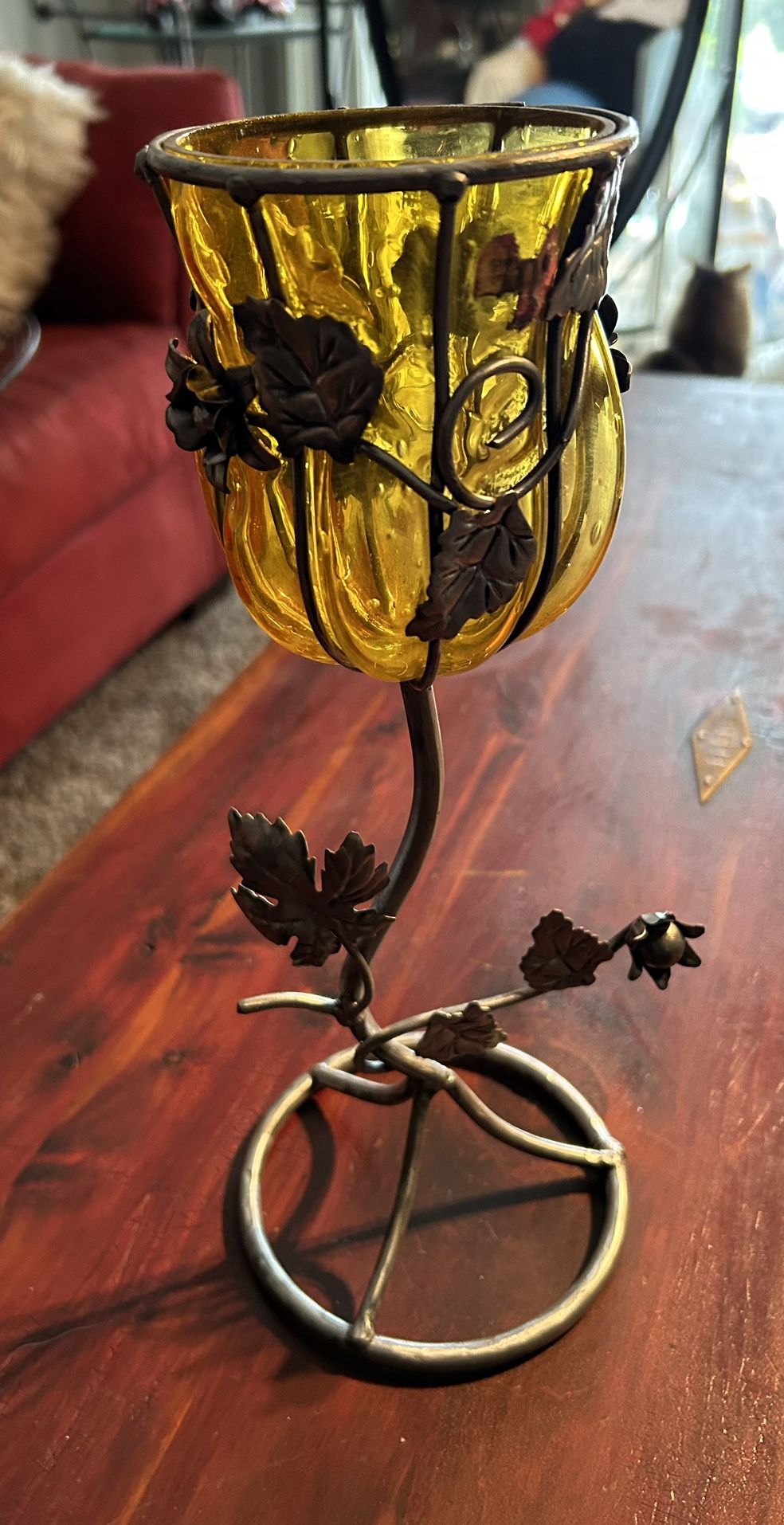 12” Tall Wrought Iron/glass Candle Holder