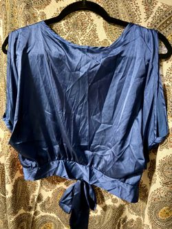 Navy Blue Satin Open Back Crop Blouse - Batwing / Dolman Sleeve M/L