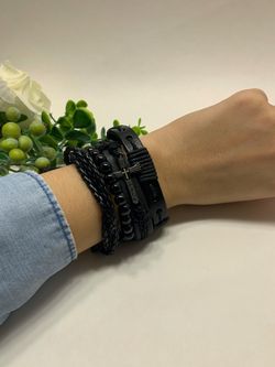 Adjustable Size up to 9.5inc Braided Multi-layer Leather Bracelet (Set of 4), Cross