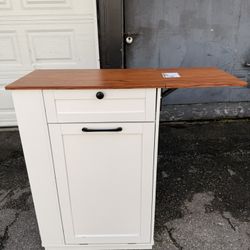 Kitchen Trash Can Cabinet with Pull-Out Bin & Drop-Leaf Top