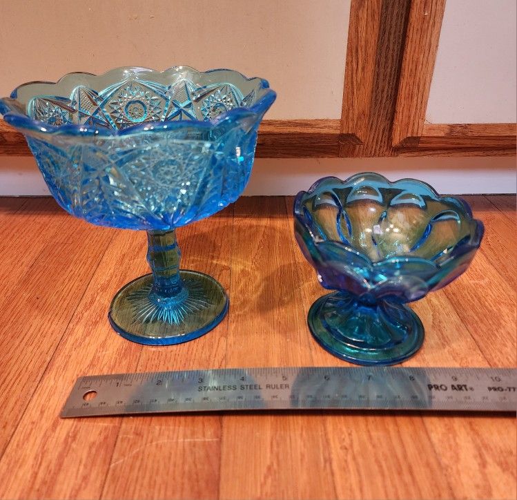 2 Vintage (L.E. Smith And Anchor Hocking) Blue Compote Glass Pieces