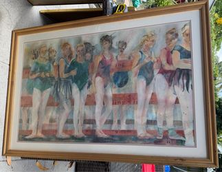 Vintage 1987 31.5”x46.5” Framed Watercolor Painting of Ballet Dancers
