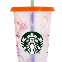 Starbucks 2021 Color Changing Confetti Swirl 24 oz Reusable Cold Cup Orange Lid