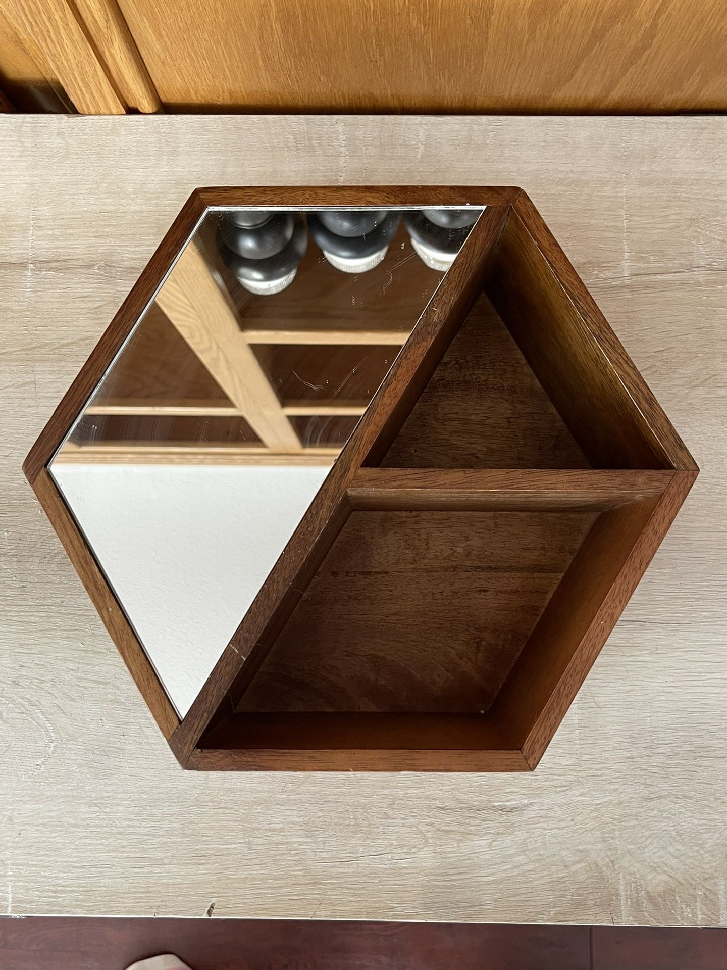 Wooden Hexagonal Wall or Table Shelf with Mirror
