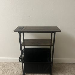 Narrow Side Table for Small Spaces, Skinny Charging End Table with Storage Basket, 
