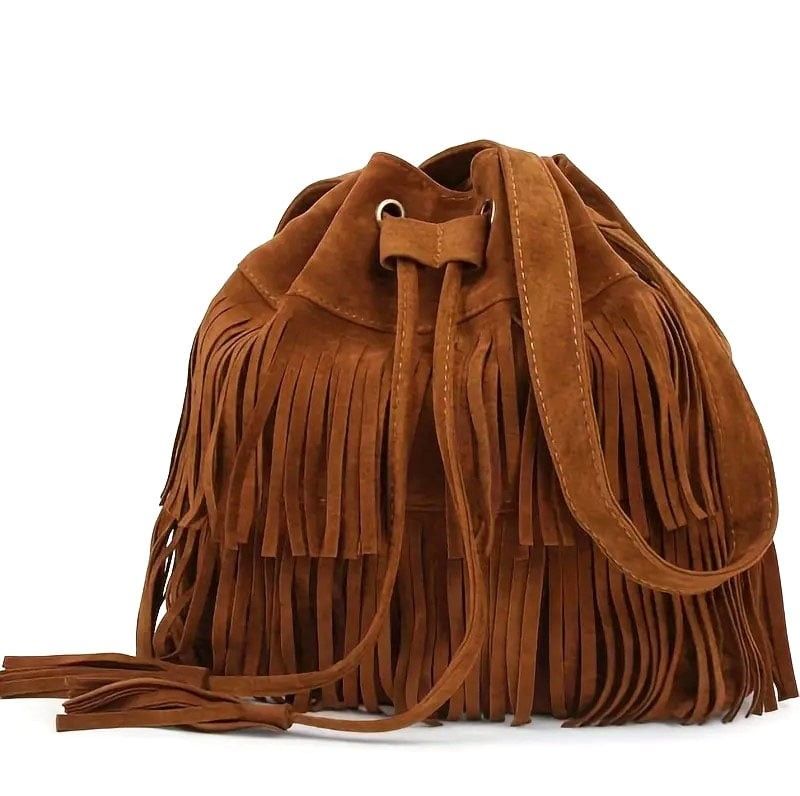 Women's Solid Color Double Fringe With Tassels & Drawstring Crossbody Shoulder Suede Bucket Bag