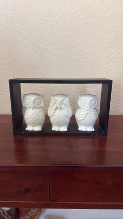 See No Evil, Hear No Evil, Speak No Evil Owl Figurine Set with Display Frame