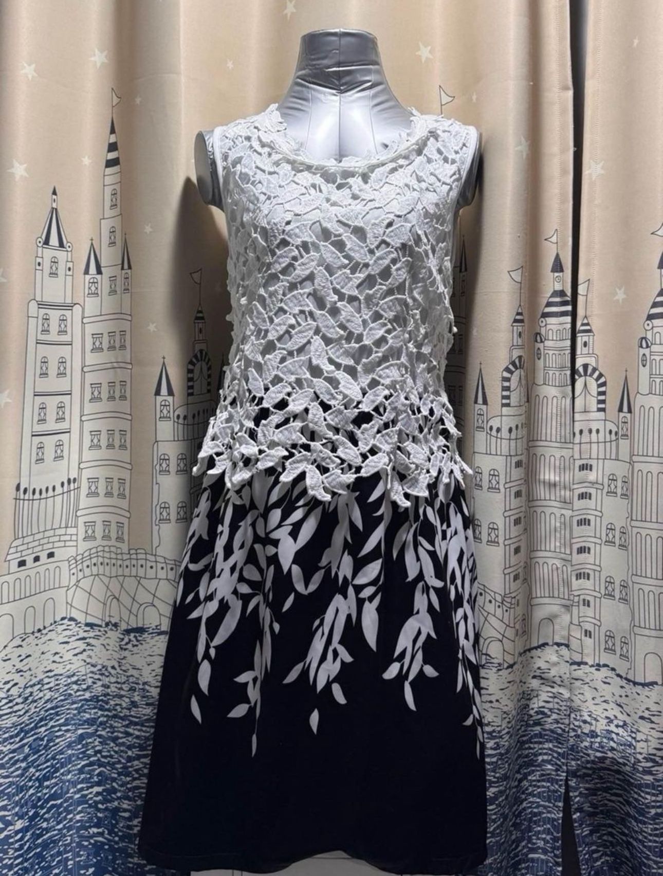 Pretty Formal Dress Leaves Black & White Satin