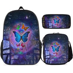 Butterfly Backpack Blue Butterfly Backpack 3 Pieces Sets Butterfly Backpack with Lunch Box And Pencil Case Casual Butterfly School Backpack