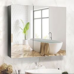 32 Inch x 23 Inch Mirrored Medicine Cabinet, Black Medicine Cabinet for Bathroom with Mirror, Surface Mount Bathroom Medicine Cabinet with Storage Bra