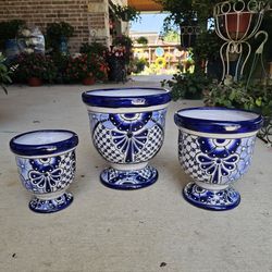 Blue And White Talavera Urns Set Clay Pots, Planters,Plants, Pottery