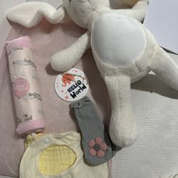 Baby Bundle Gift  Large Bunny Pink Swaddle Socks, Bib and Wash Cloth Gift Card 