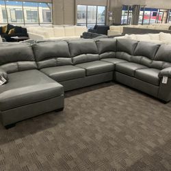 Grey Leather Sectional 